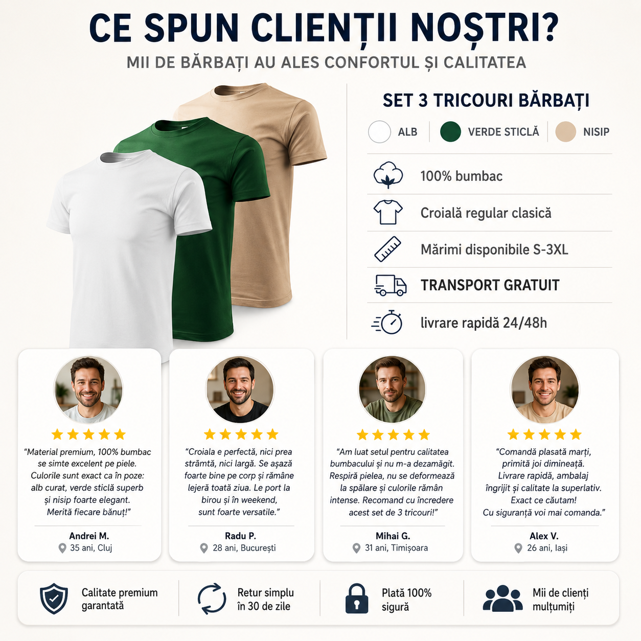 Set 3 tricouri bărbați nisip verde sticlă alb potrivit pentru cadou și purtare zilnică